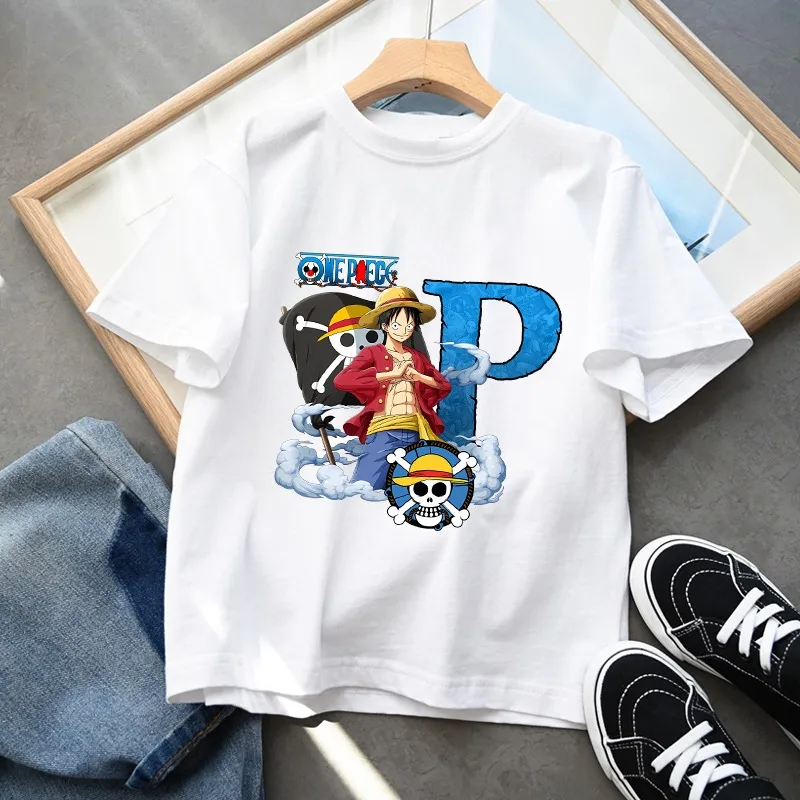 One Piece Unisex T-shirts Cartoon Pattern Letter A-Z Print T-shirt Children Summer Clothes Fashion Tee Birthday Party Gifts New