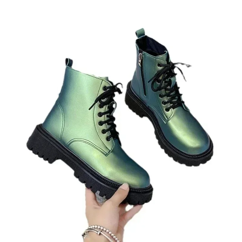 Botas cortas de cuero lacado brillante para mujer, zapatos informales antideslizantes, duraderos, a la moda europea y americana, para viaje y