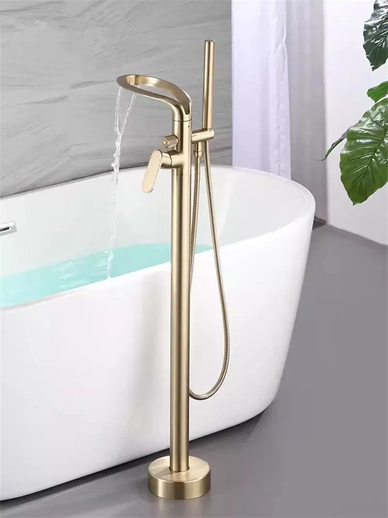  Brushed Gold Bathroom Bathtub Faucet + Handheld Shower Free Standing Luxury Waterfll BathTub Mixer Taps Floor Mounted