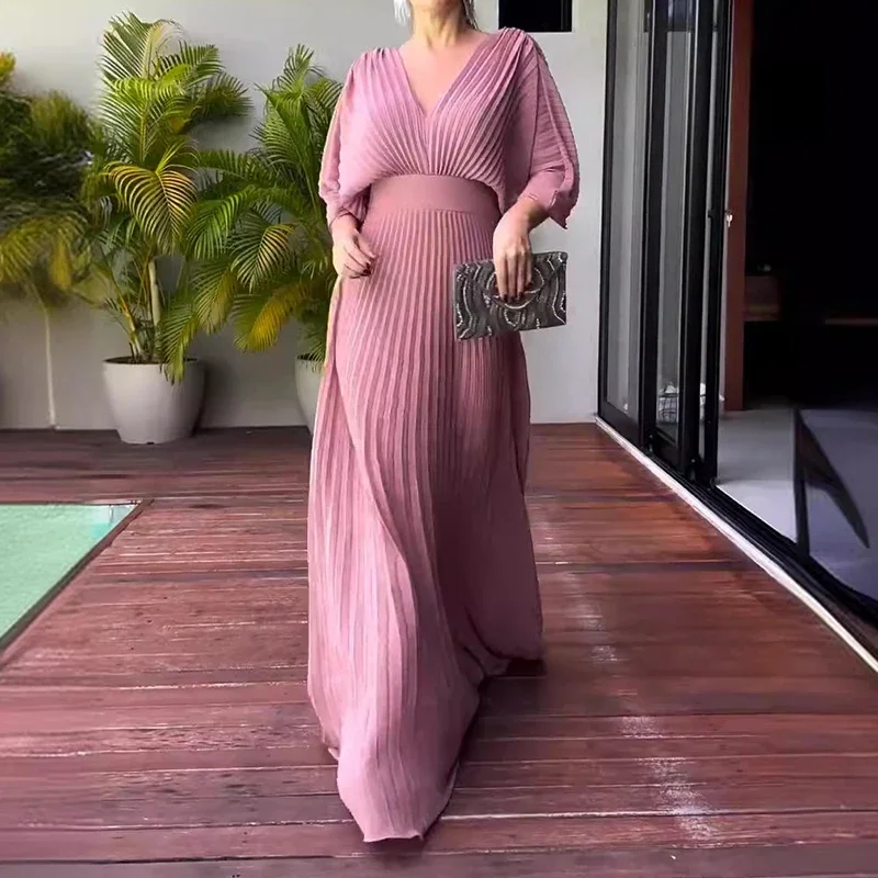 Fashion Maxi Solid Color Pleated Dress Casual V-Neck Loose Pullover Long Dress Ladies Pleated Bat Sleeve High Waist Party Dress