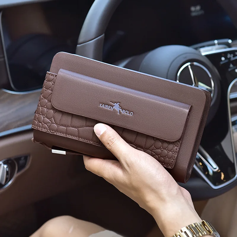 PU leather business men's long clutch bag, large capacity, wear-resistant, multi-slot, double zipper business wallet