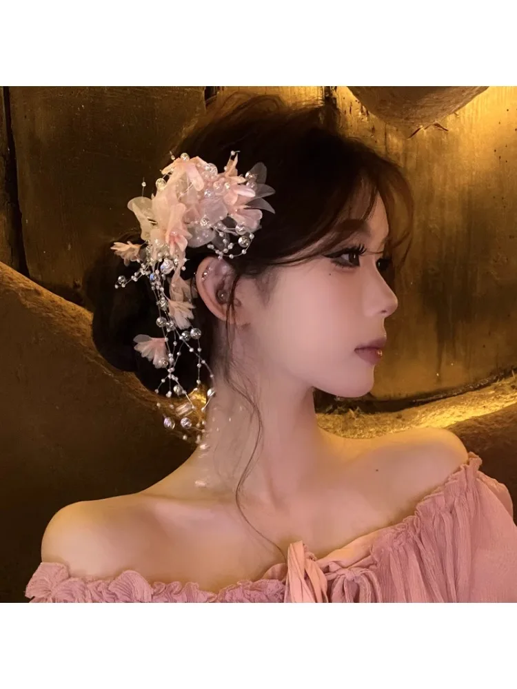 Mori super fada doce flor foto grampo de cabelo antigo hanfu franjas acessórios de cabelo mulher