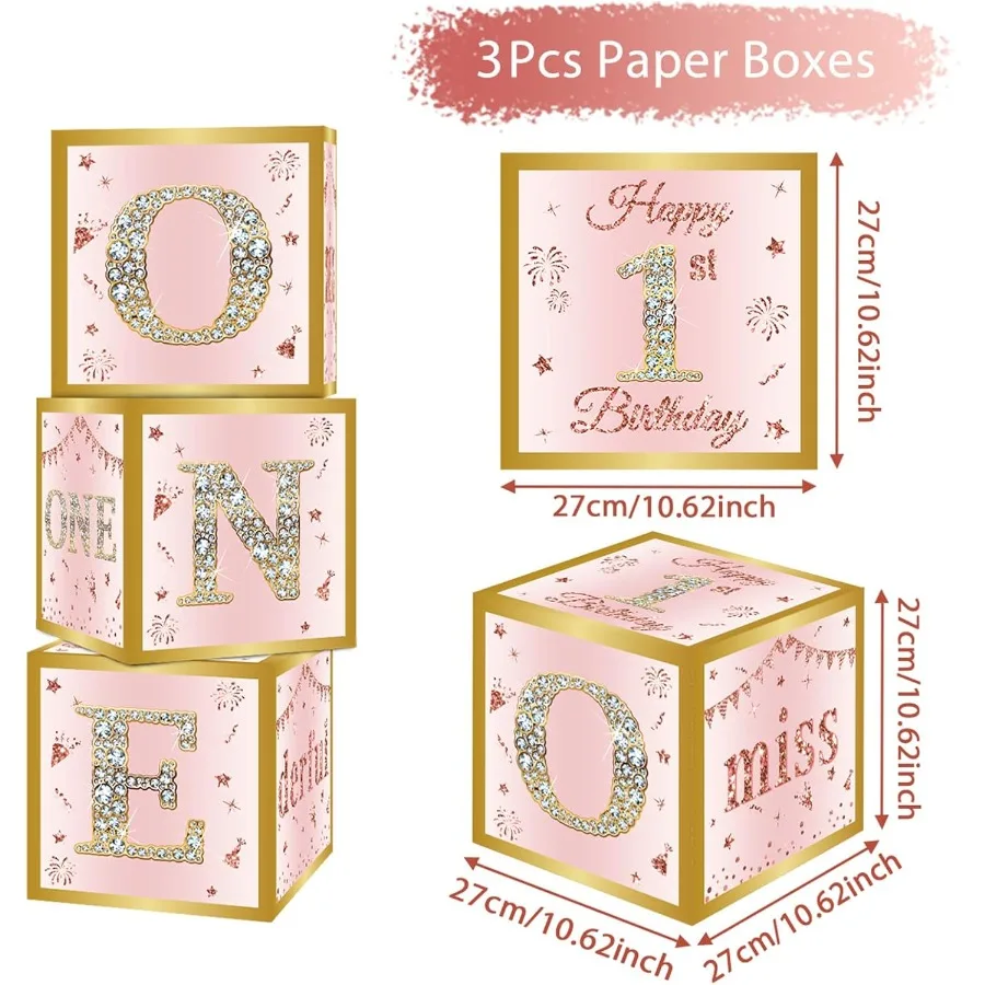 아기 여자아이 첫 생일 장식 박스 3개 세트 핑크 로즈 골드 원더풀 핏 생일 풍선 박스 한 살 생일 축하