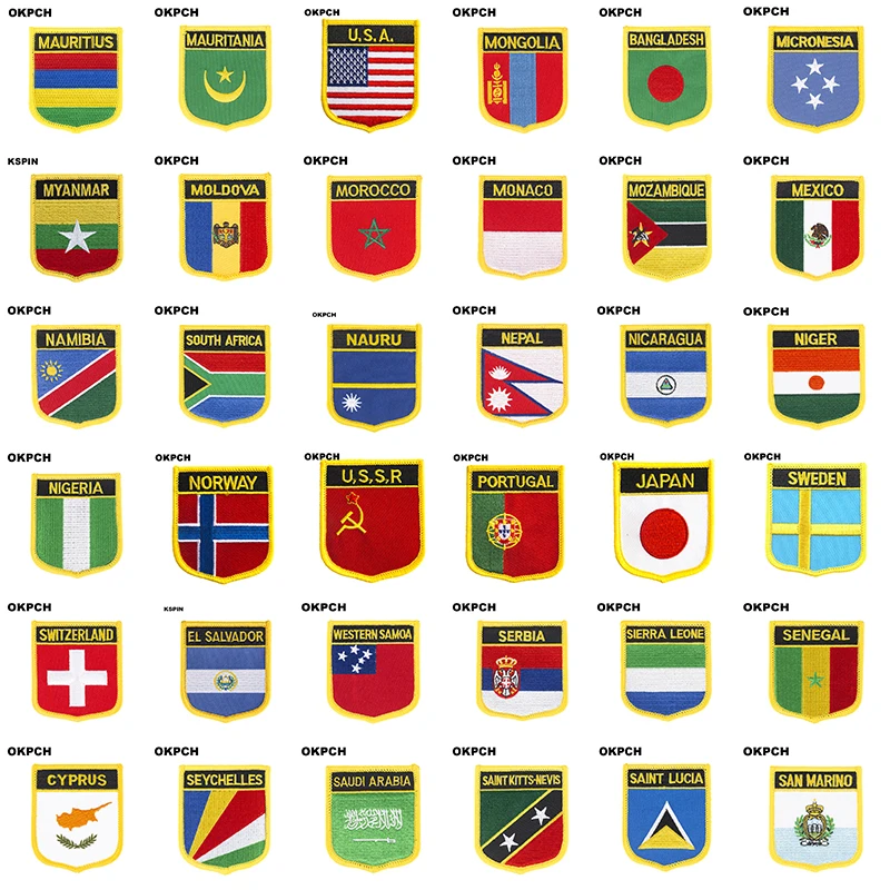 

MAURITIUS Mauritania U.S.A. Mongolia Myanmar Moldova Morocco Monaco Mexico Nauru Flag Shield Shape Iron on Embroidery Patches