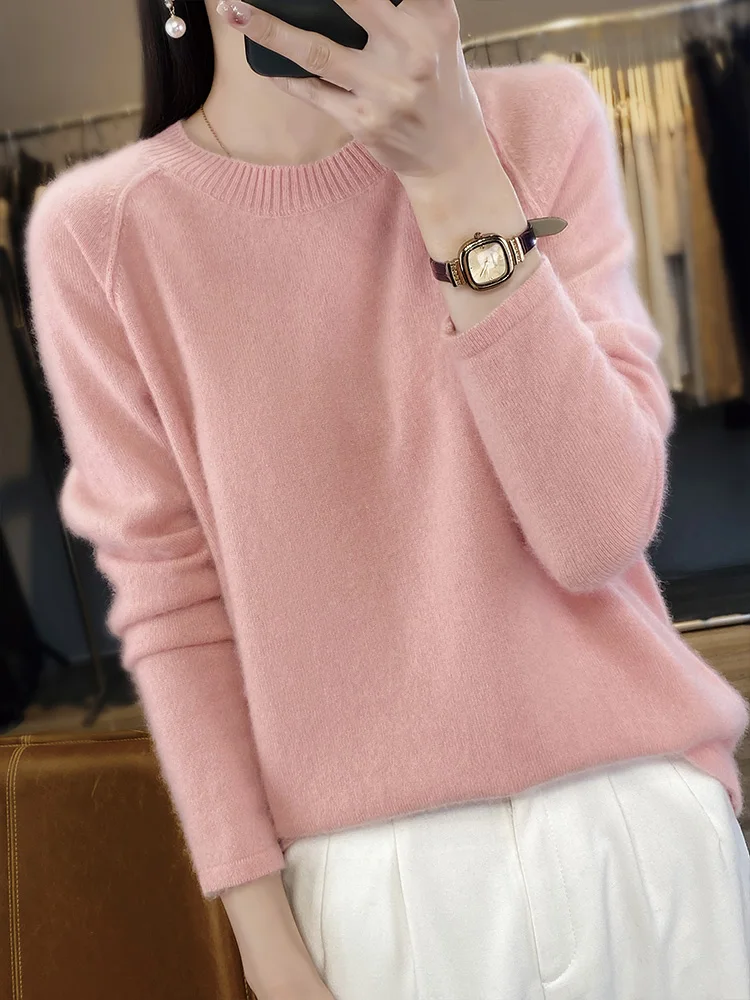 Women O-Neck Pullover 100% Merino Wool Long Sleeve Sweater For Autumn Winter Soft Solid Color Knitwear  Korean Cashmere Tops