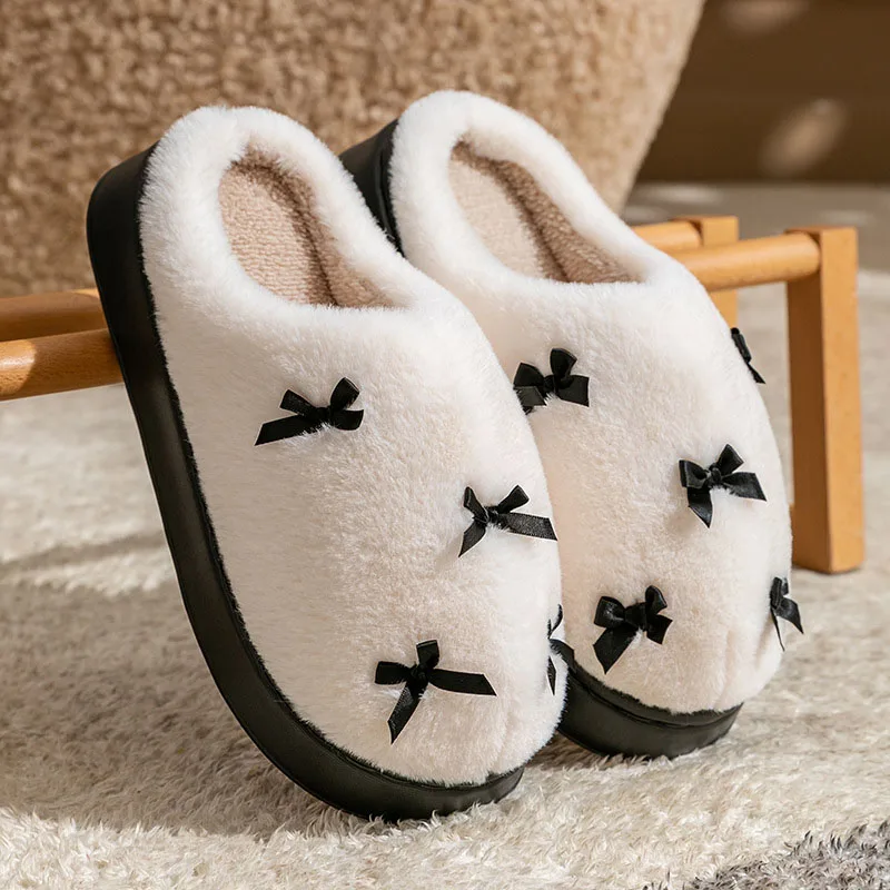 

Winter Women's Plush Slippers Thickened Fleeces Warm House Slippers Sweet Ribbon Bow Home Cotton Shoes Indoor Platform Slippers