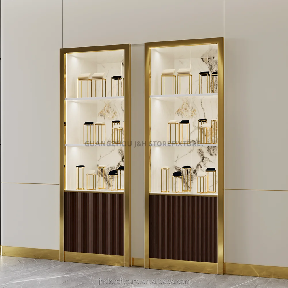 ตู้โชว์น้ำหอมหรูหราสีทองแบบติดผนัง ดีไซน์ตกแต่งร้านค้าและโชว์เครื่องประดับสั่งทำพิเศษจากโรงงาน