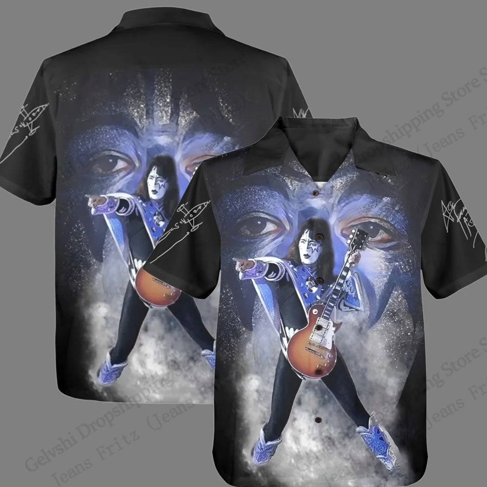 

Винтажная гавайская рубашка с 3D-принтом Ace Frehley Kiss для мужчин и женщин, модная рубашка на пуговицах с коротким рукавом в кубинском стиле, пляжная блузка, камисас