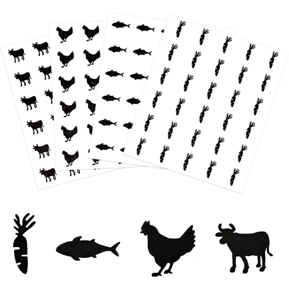 1200pcs 4 Styles 0.8 Inch Black Meal Stickers Food Choice Sticker Rooster/Carrot/Fish/Cattle Wedding Meal Indicator Stickers