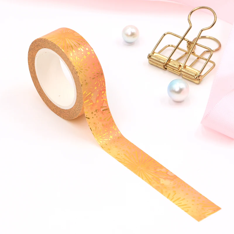 1 PCS Decorative Foil Yellow Fireworks Paper Washi Tapes Planner Adhesive Masking Tape Cute Stationery 15mm*10m