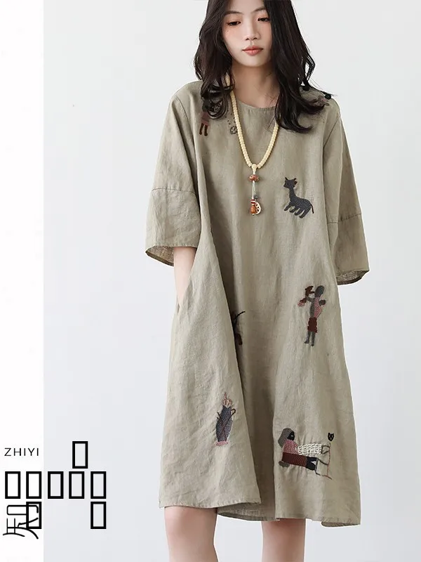 Grande taille imprimé fleuri lin irt Dr femmes été 3/4 Sve coton lin T-shirt jupe minceur dissimulant a-ligne S...