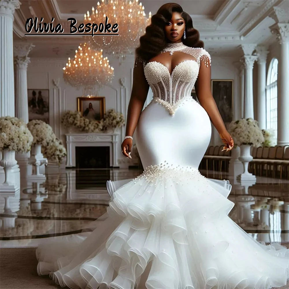 

Attractive Beaded Pearls Wedding Dresses 2024 Bride Aso Ebi Tiered Ruffles High Neck African Mermaid White Reception Customized