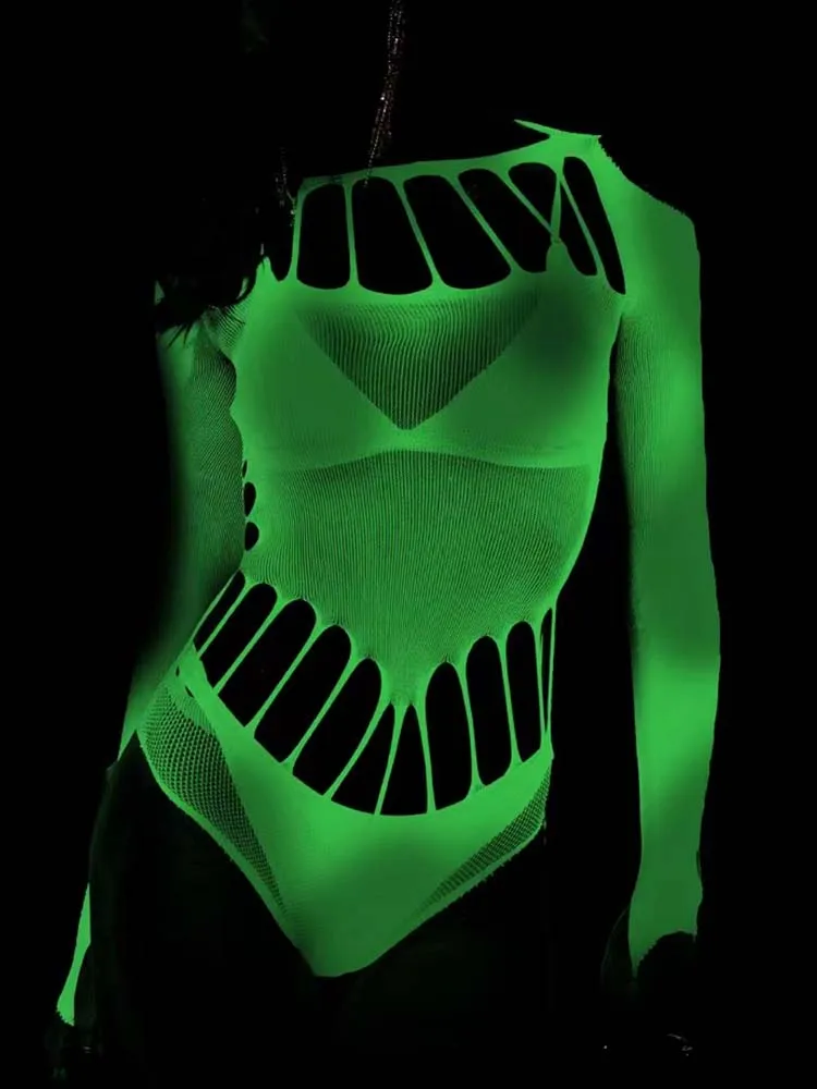 Erotic Luminous Costume Sexy Glow in Dark Lingerie Crotchless Women BodySuits Underwear Babydolls Hip Wrap Bodysuit Fishnet