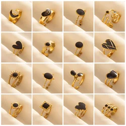 Classic Fashion 2024 Stainless Steel Ring Black Drops Of Oil Peach Heart Tree Leaf Sun Crescent Moon Sense Of Design New Rings
