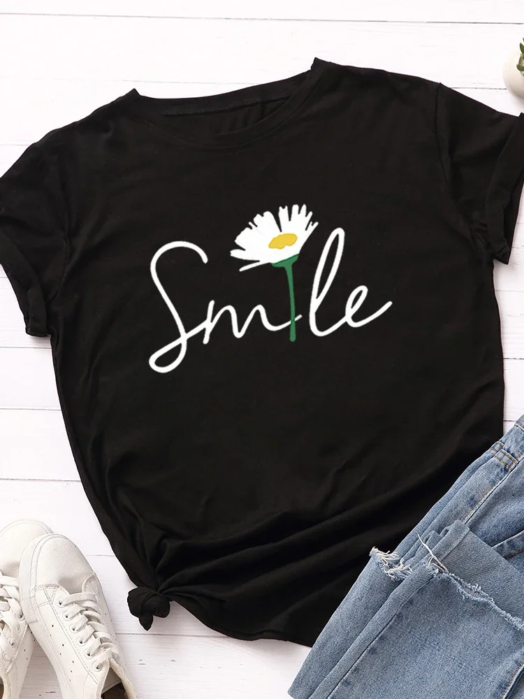 

Wildflowers Smile Letter Print Women T Shirt Short Sleeve O Neck Loose Women Tshirt Ladies Tee Shirt Tops Camisetas Mujer