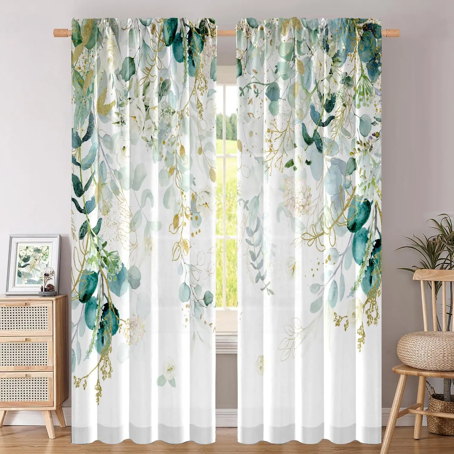 

Gold Green Curtains for Living Room Blue Green Eucalyptus Leaves Light Filtering Curtains White Floral Drapes for Bedroo