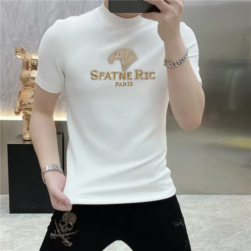 Luxury Rhinestone Summer Men's T-shirt Slim Fit Short Sleeve Casual T-shirt Male Round Neck Business Social Tee Top Men Clothing