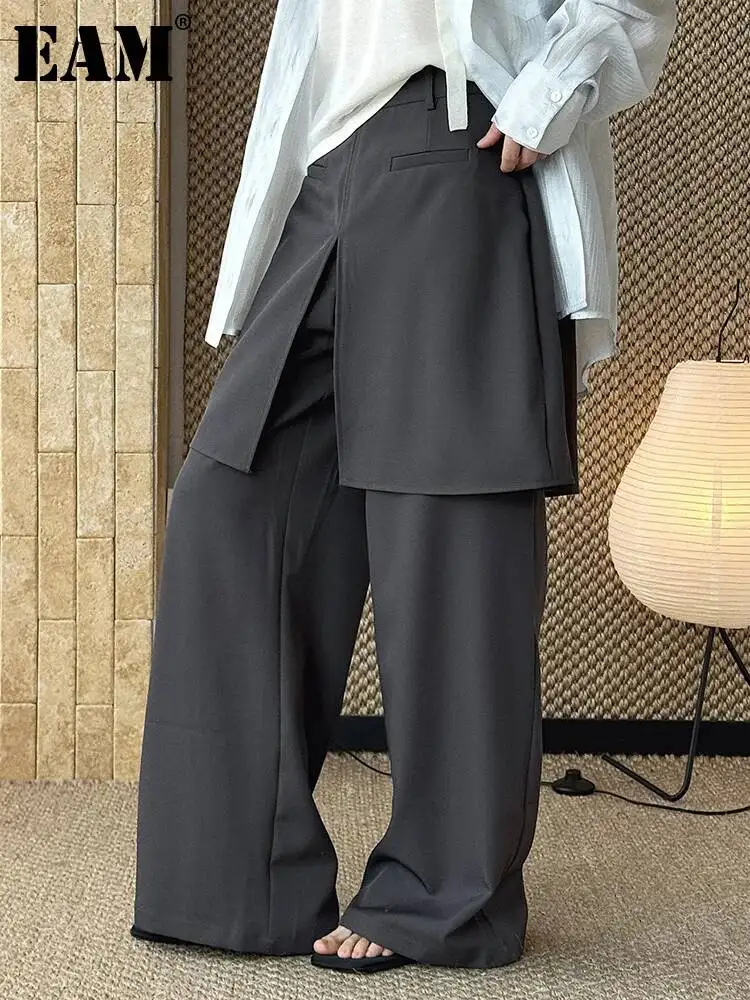 [EAM] High Waist Dark Gray Irregular Long Spliced Wide Leg Pants New Trousers Women Fashion Tide Spring Autumn 2026 1DJ7191