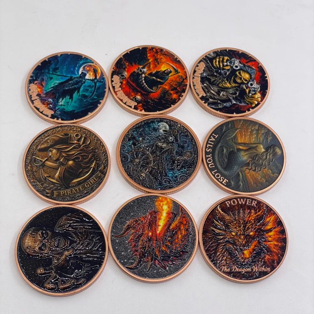 Pièce de collection Challenge Coin 1oz .999 Cuivre Grim Reaper Pirate Dragon Mermaid Skull Pièce commémorative Collection Gothique Souvenir Cadeau