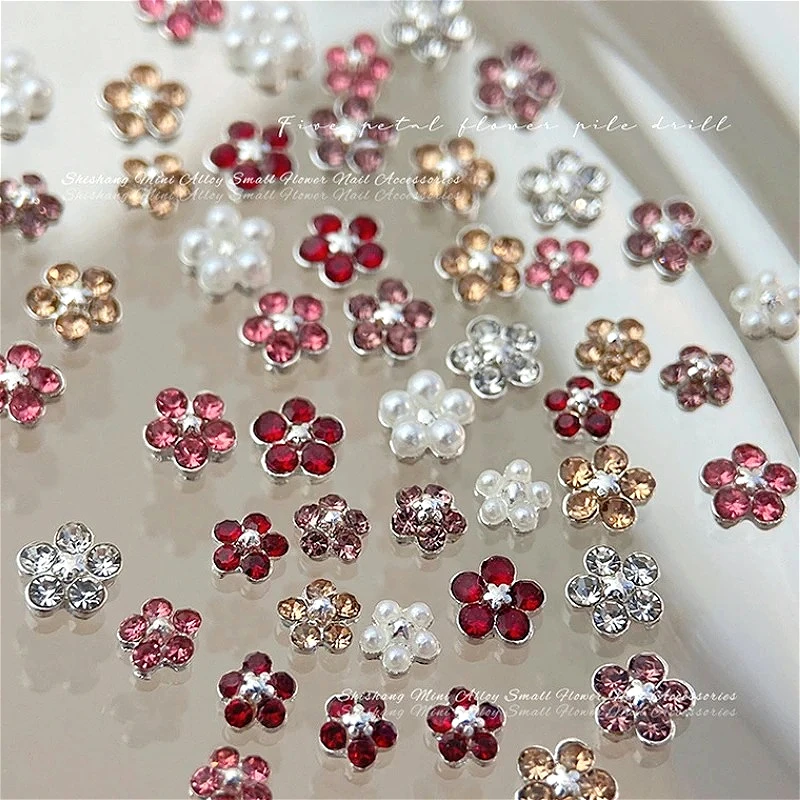 

Colorful Mini Five Petal Flowers Pearls Rhinestones Alloy Accessories Charms Nail Art Decorations DIY Manicure Jewelry Wholesale