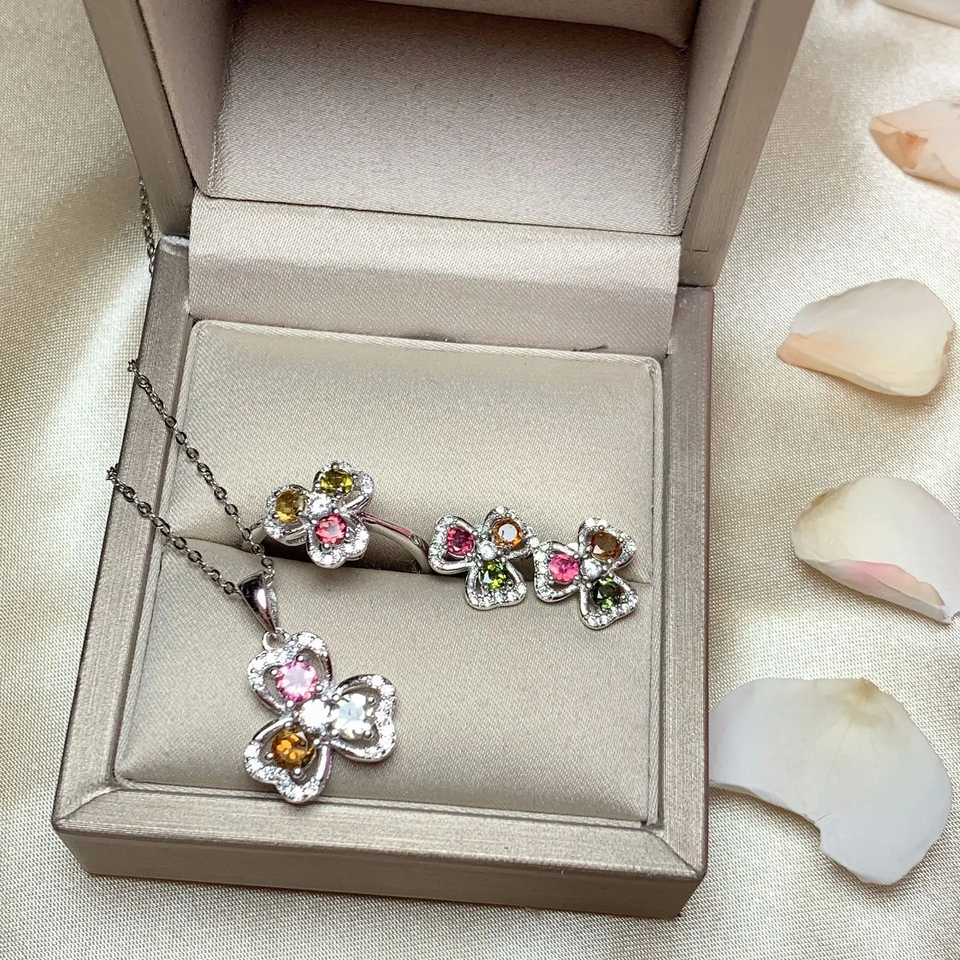 100% Natural Multicolor Tourmaline Jewelry Set 925 Silver Tourmaline Ring Earrings Pendant Fashiongemstone Jewelry Set for Party