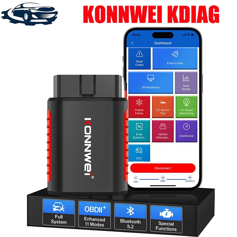 KONNWEI KDIAG Mini OBD2 Bluetooth Smart Diagnostic Scanner Tool Full System Special Function Reset Clear Error Data ECU Coding