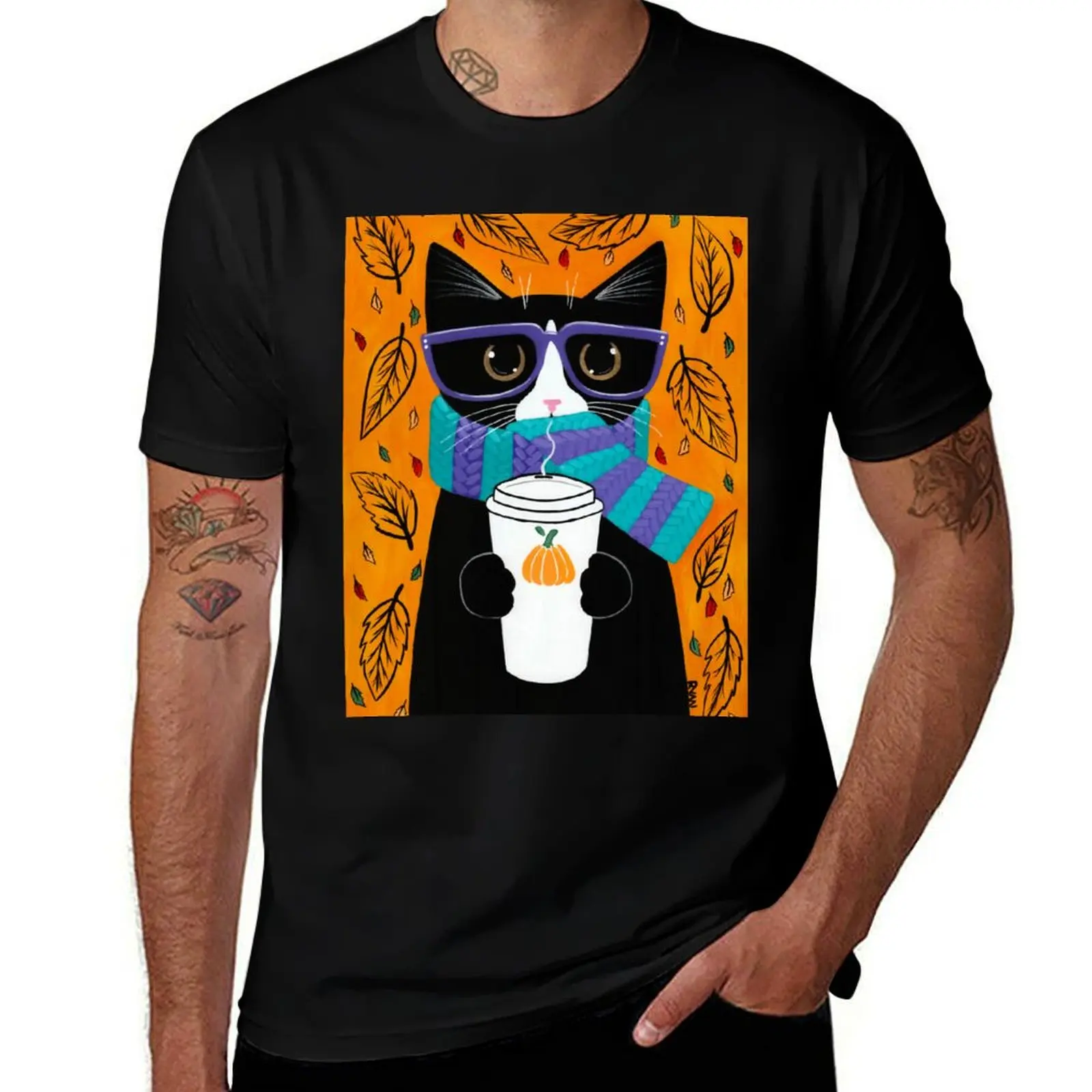Tuxedo Autumn Coffee Cat T-Shirt Anti-Pilling Casual T-Shirt