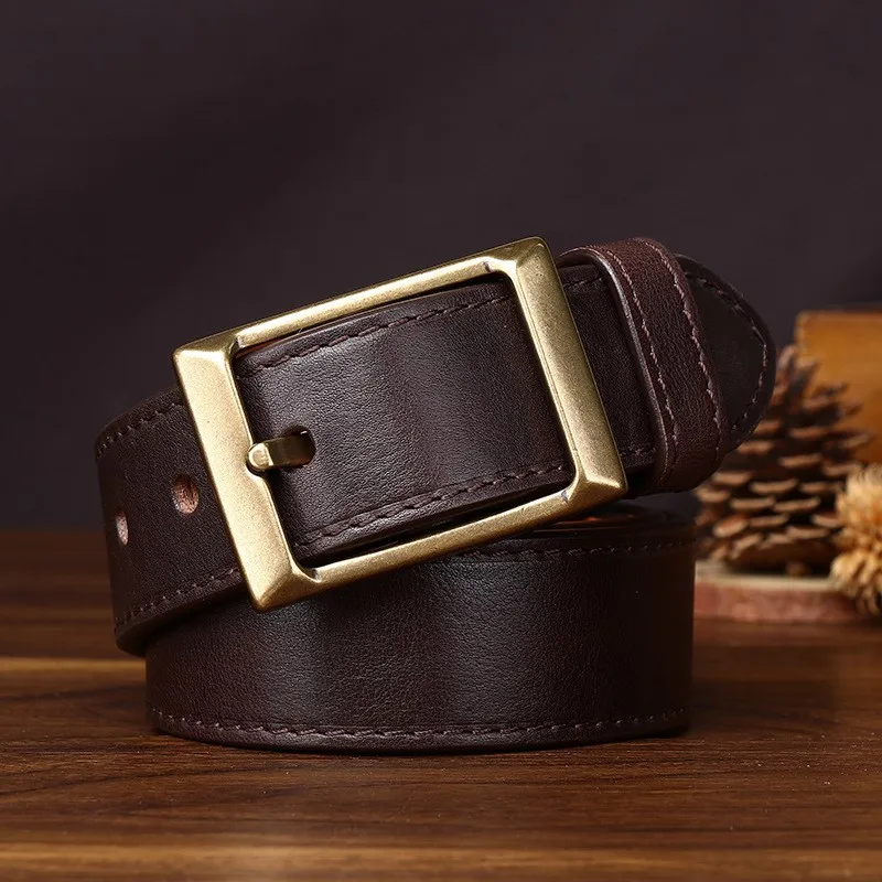 Thickened top layer leather copper belt men's versatile guy casual real for men