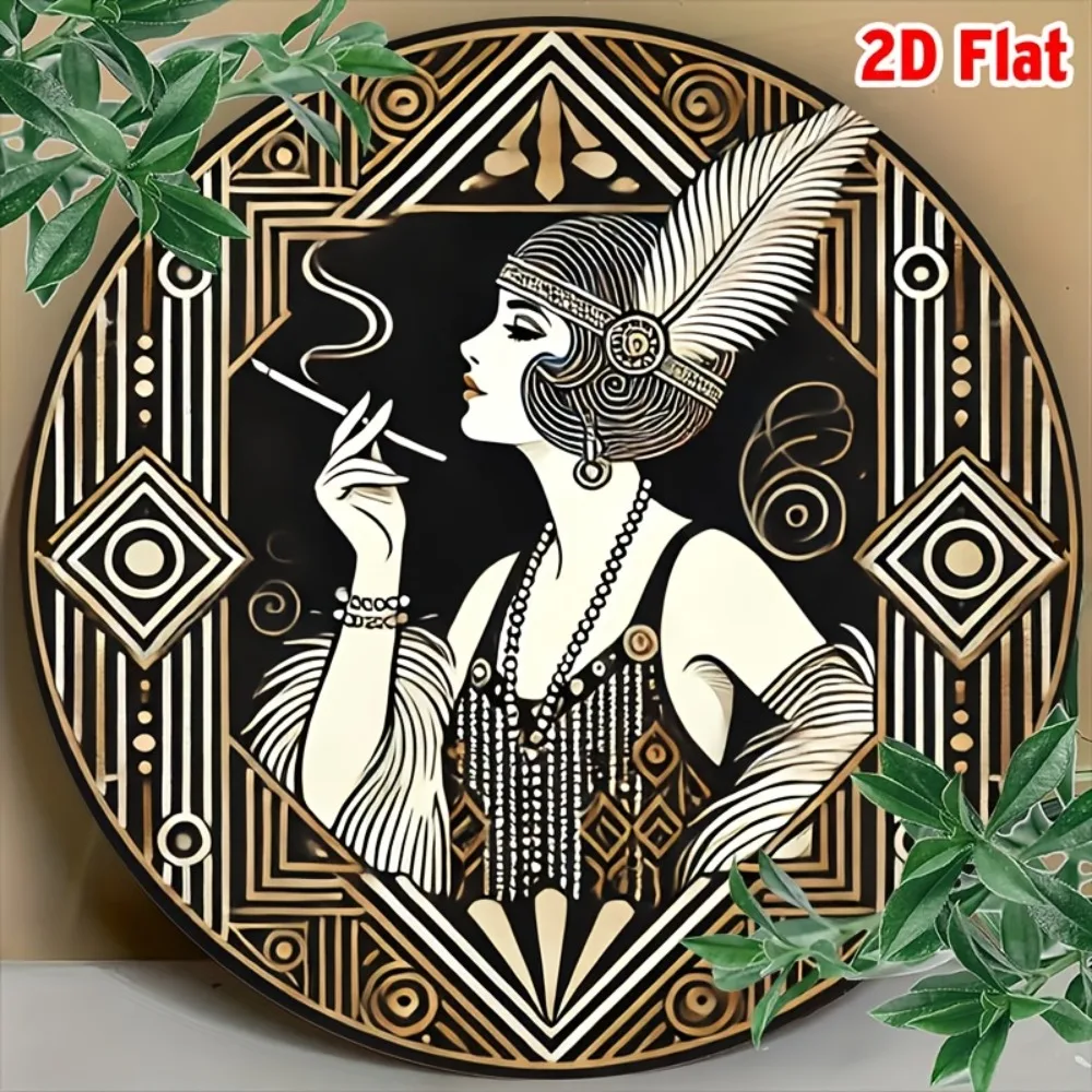 1920s Gatsby Flapper Round Metal Wall Art, 8 Inch Vintage Plate with Feather Jazz Design for Home Bar Cafe Decor