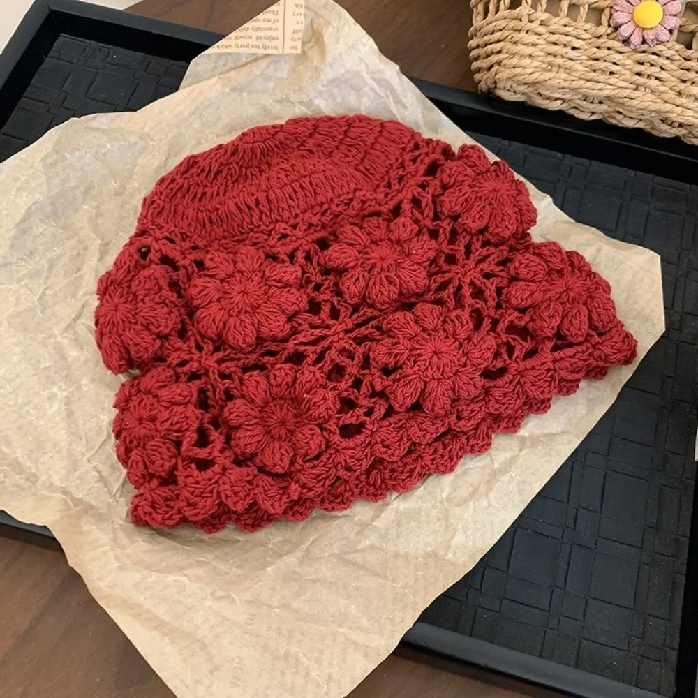 

Cute Handmade Crochet Flower Hat Weave Y2k Knit Basin Caps Women Sweet Beanies Cap Streetwear