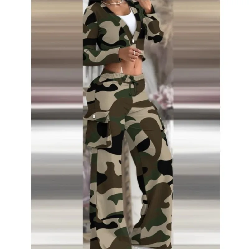 Women's Tight Solid Color Two Piece Sets Open Tops Wide-leg Long Pants Leace-up Pocket Ladies Sets 2025 Spring Summer Sportswear