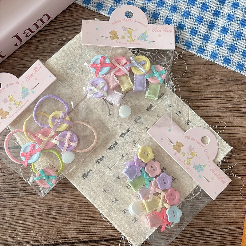 

5pcs/set Candy Color Rubber Bands Cute Button Bow Children Girls Elastic Hair Bands Kids Ponytail Holder Hair Rope Ties Headwear