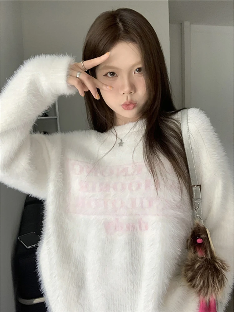 Korobov Sweet Vintage Sweater Female Pull Femme Autumn New Imitated Mink Wool Y2k Tops Thick Loose Letter Long Sleeve Knitwears