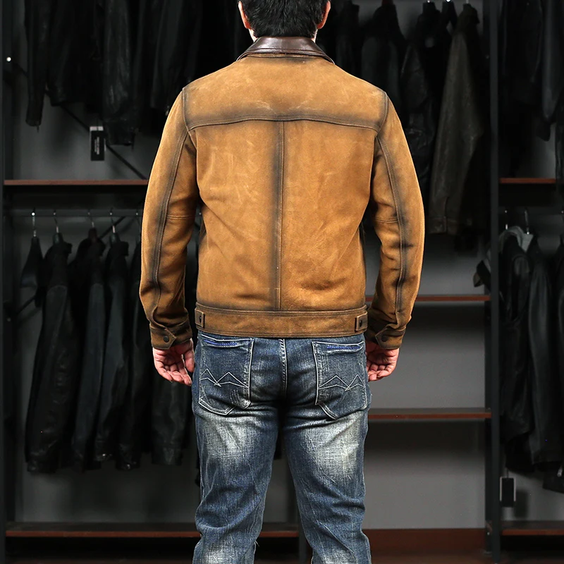 New High Quality Promote Retro Yellowish Brown Design Genuine Leather Jacket Men's Short Flip Suede Vintage Cow Skin Clothing