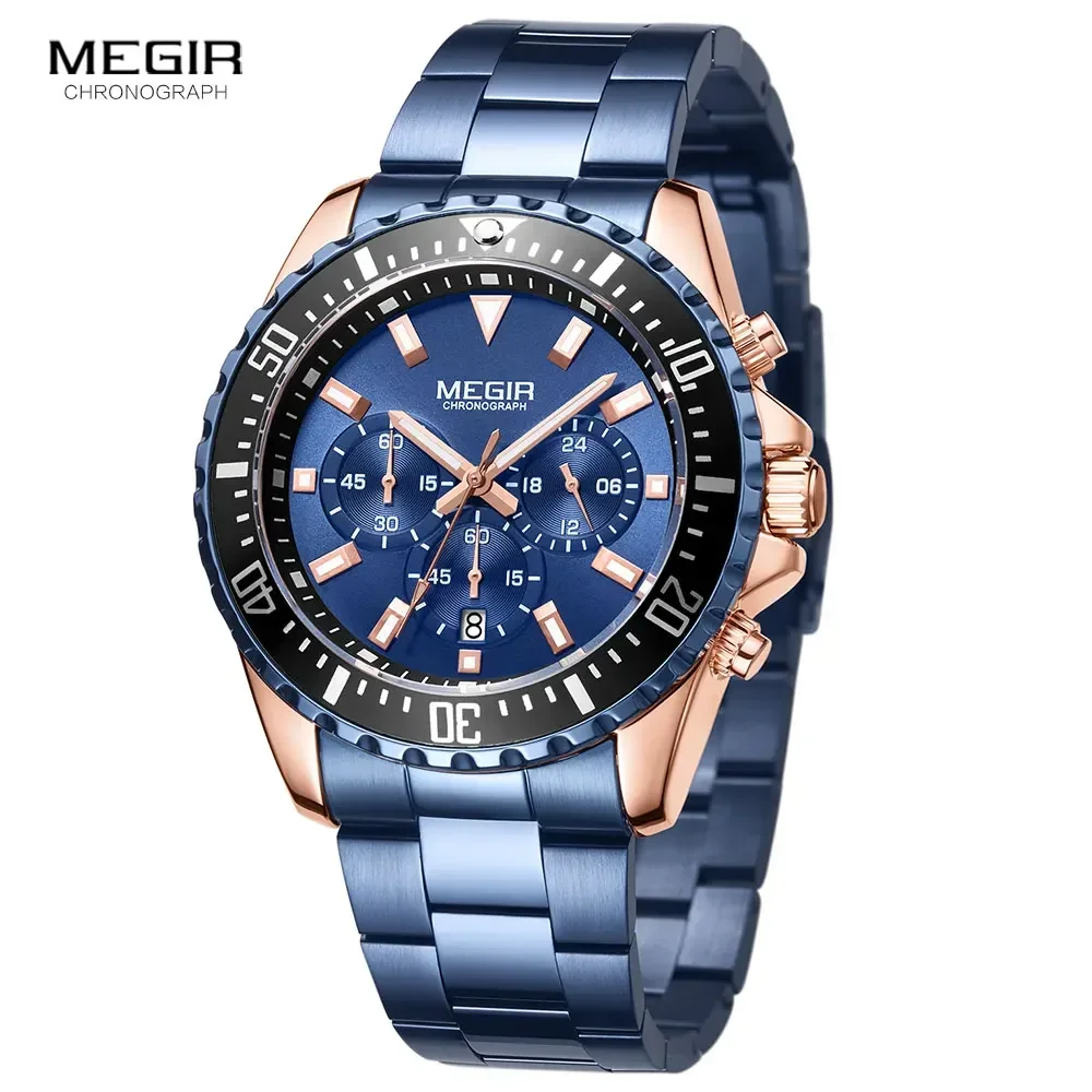 MEGIR Stainless Steel Strap Quartz Watch for Men Chronograph Blue Watches man Luminous Hand Wristwatch часы мужские montre homme