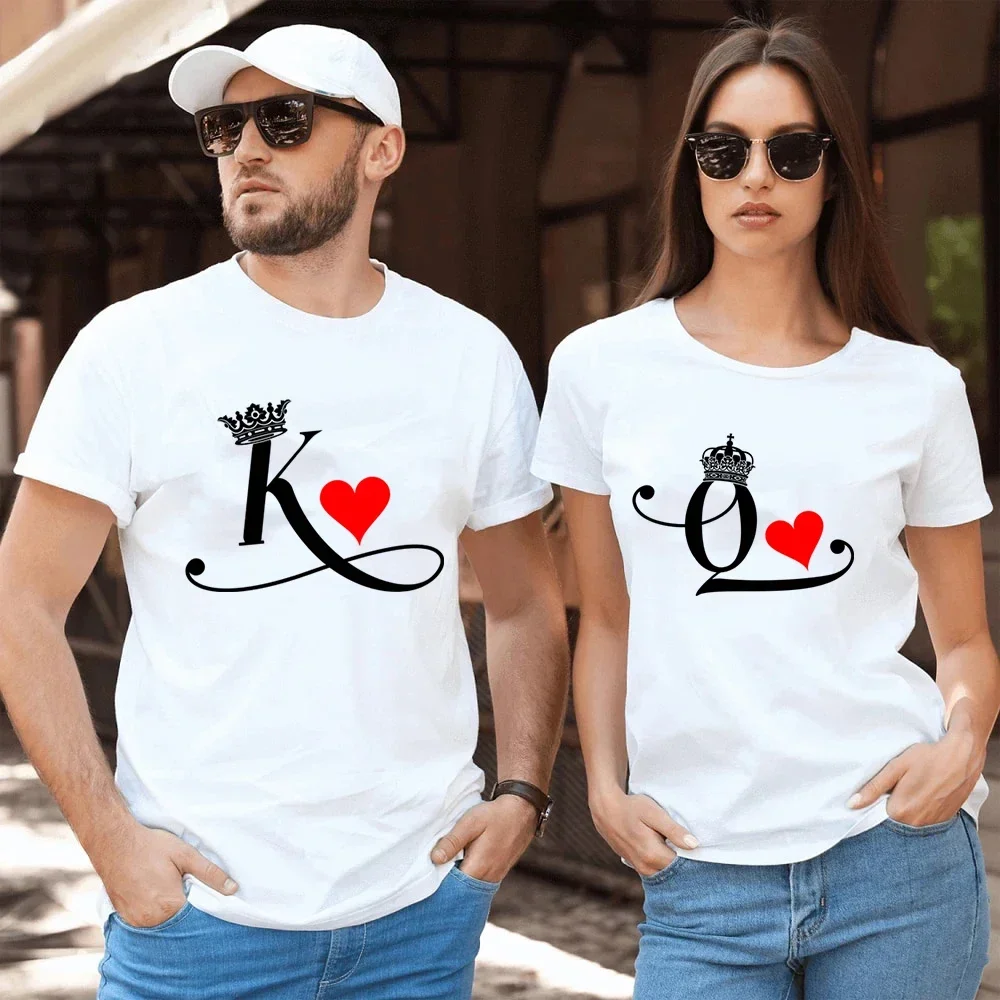 Fashion Letter Print Couple Women's T-shirt Lovers New Korean Tops Chic King Queen Heart Graphic T Shirts for Couples Female