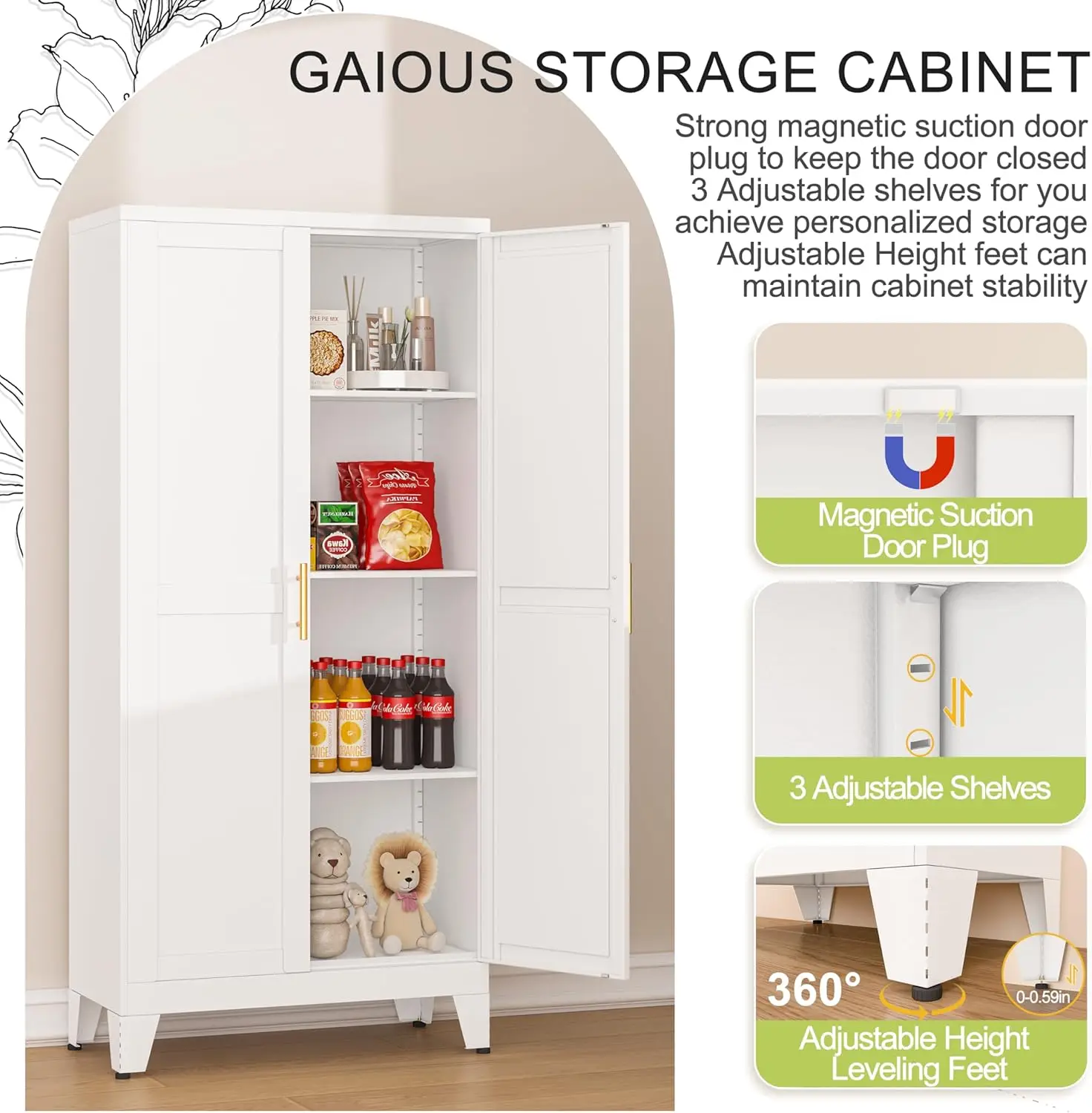 Armoires de rangement pour garde-manger de cuisine avec 2 portes et 3 étagères réglables, armoire de garde-manger de cuisine blanche, armoire autoportante