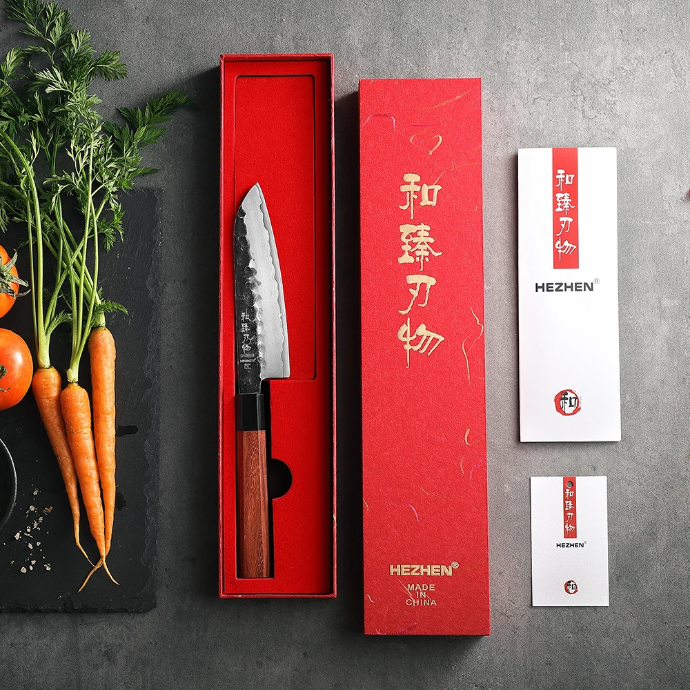 HEZHEN 5.5 Inches Santoku Knife 3 Layers Composite Steel High quality Red wood handle Kitchen Accessories