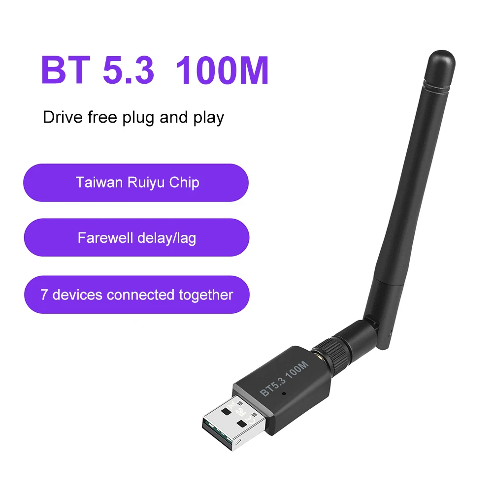 100M Long Range Bluetooth 5.3 Adapter Support Windows 7/win8.1/win10/11 for PC Computer 3Mbps Audio USB Receiver Transmitter