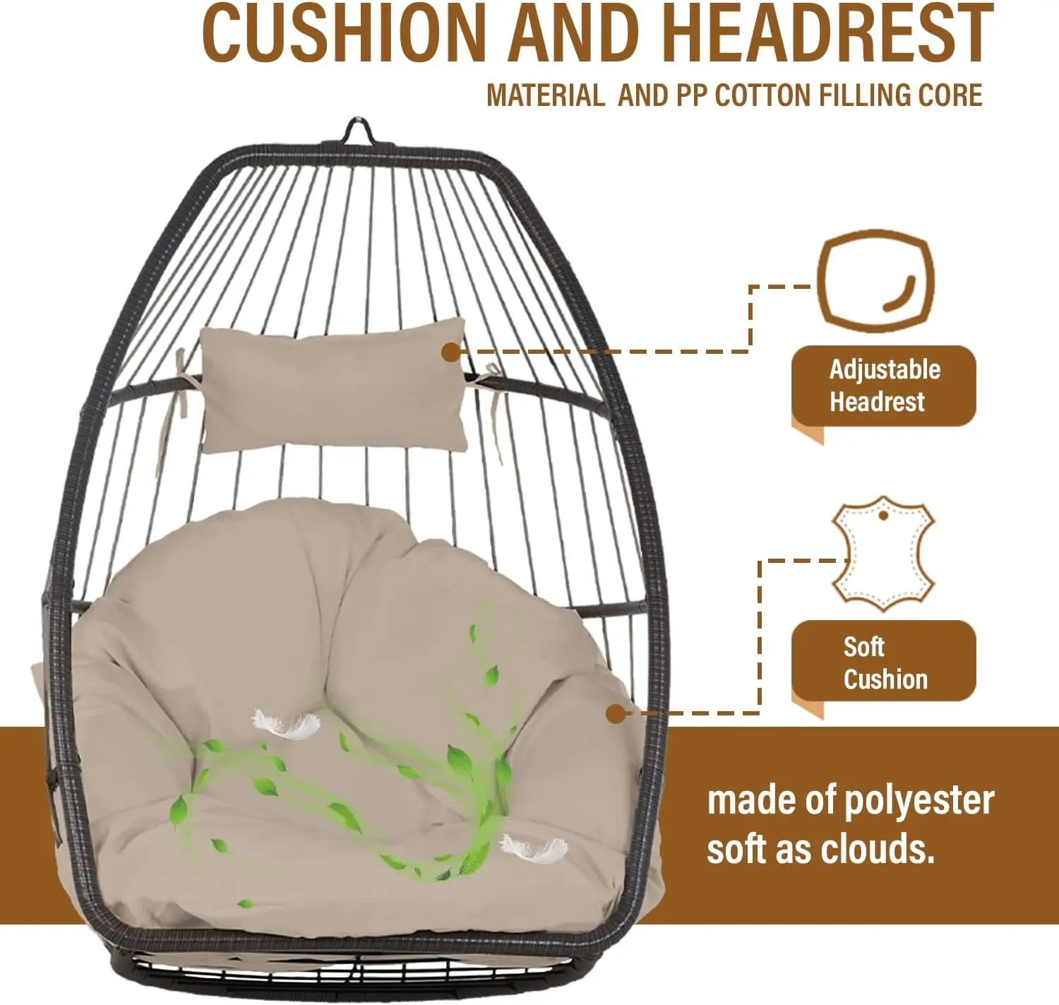 كرسي البيض للاستخدام الداخلي والخارجي مع حامل، كرسي سلة فناء الروطان، وسادة بوليستر ناعمة، مسند رأس قابل للتعديل، أسمر ضارب للصفرة