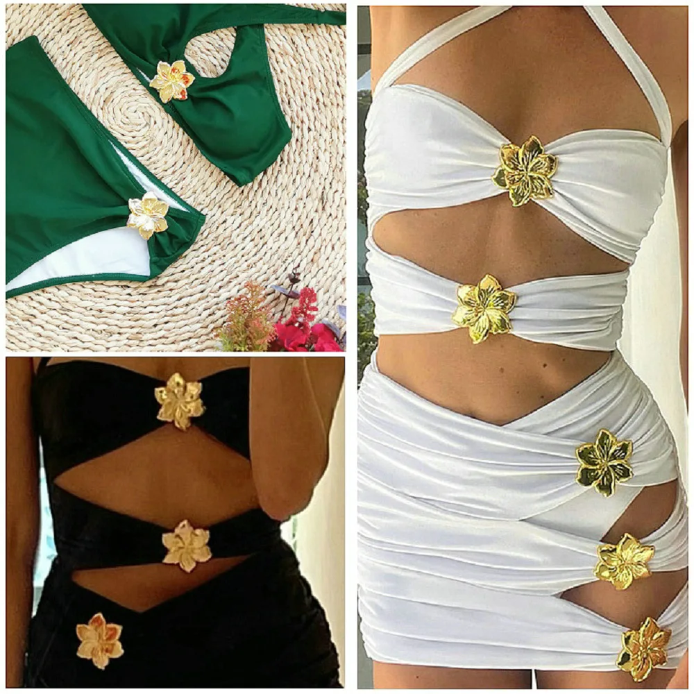 2PCS Golden Alloy Bikini Buckle Ladder Lock Slide Buckle High Quality Gardenia Flower Button for DIY Clothing Crafts Accessories