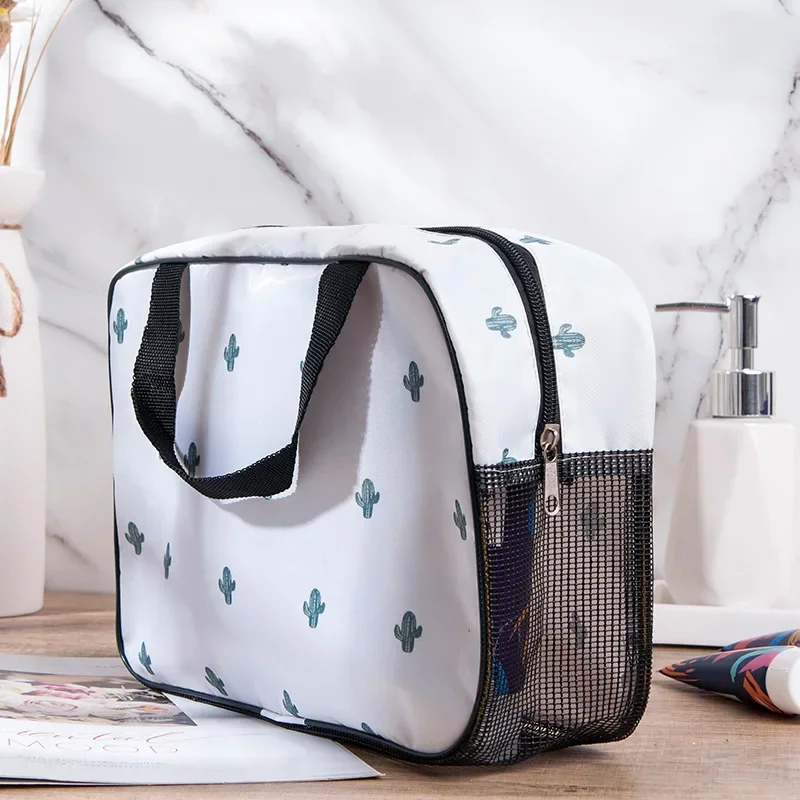 Summer Mesh Bottom Hollow Cosmetic Bag Tote Women Handbag Cactus Print Toiletry Bag Kit Travel Large Storage Makeup Organizer