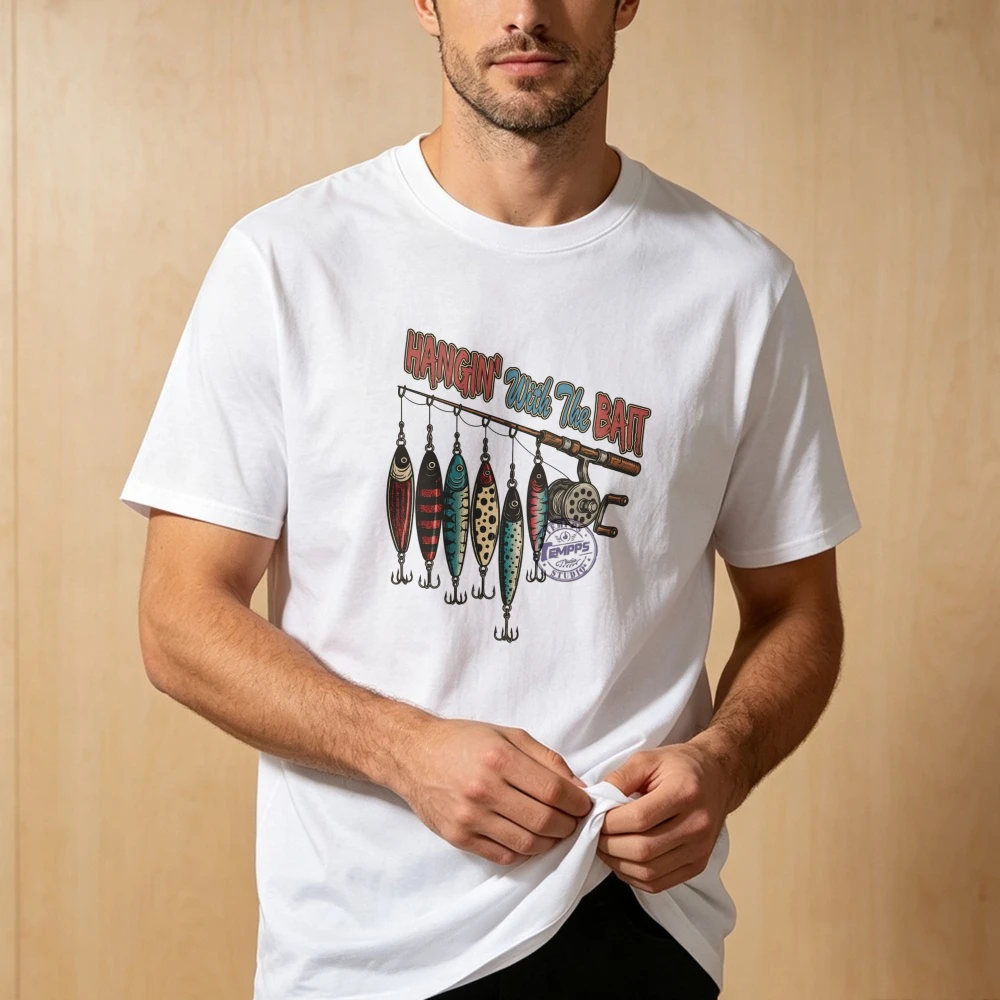 Hangin With The Bait Fishing Lure Rod Vintage Graphic T Shirt Men Angler Print Tee Cotton Shirt Outdoor Fisher Hobby Casual Tops