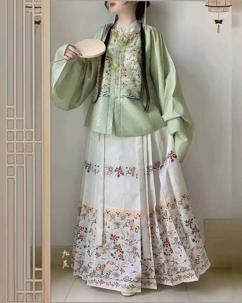 

Китайские комплекты из 3 предметов Hanfu, женский новогодний костюм династии Мин, юбка с конским лицом, рубашка + юбка со складками, комплект