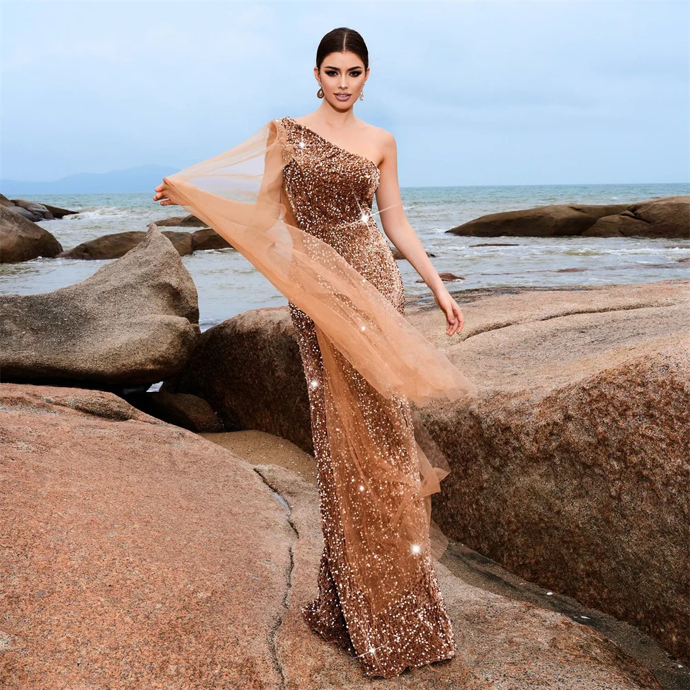 

2024 Sleeveless Backless Brown Sequins Long Evening Dress One Shoulder Mesh Ribbon Party Maxi Dress Women