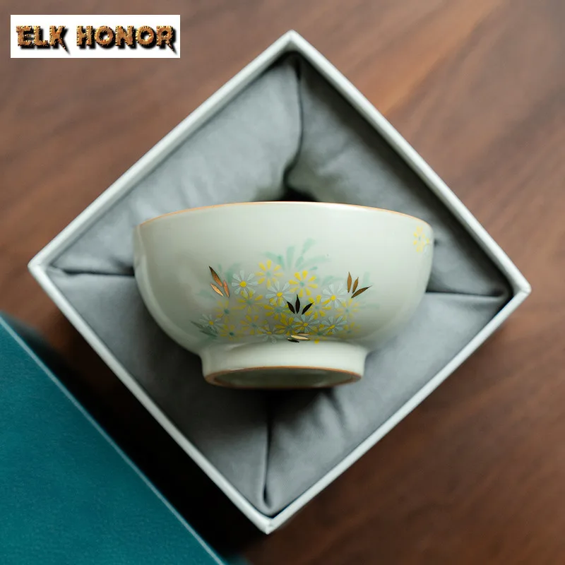 

135ml Ru Kiln Hand-painted Small Daisy High-foot Teacup Antique Tea Bowl Mug Tea-tasting Meditation Cup Chazhan Master Cups Gift