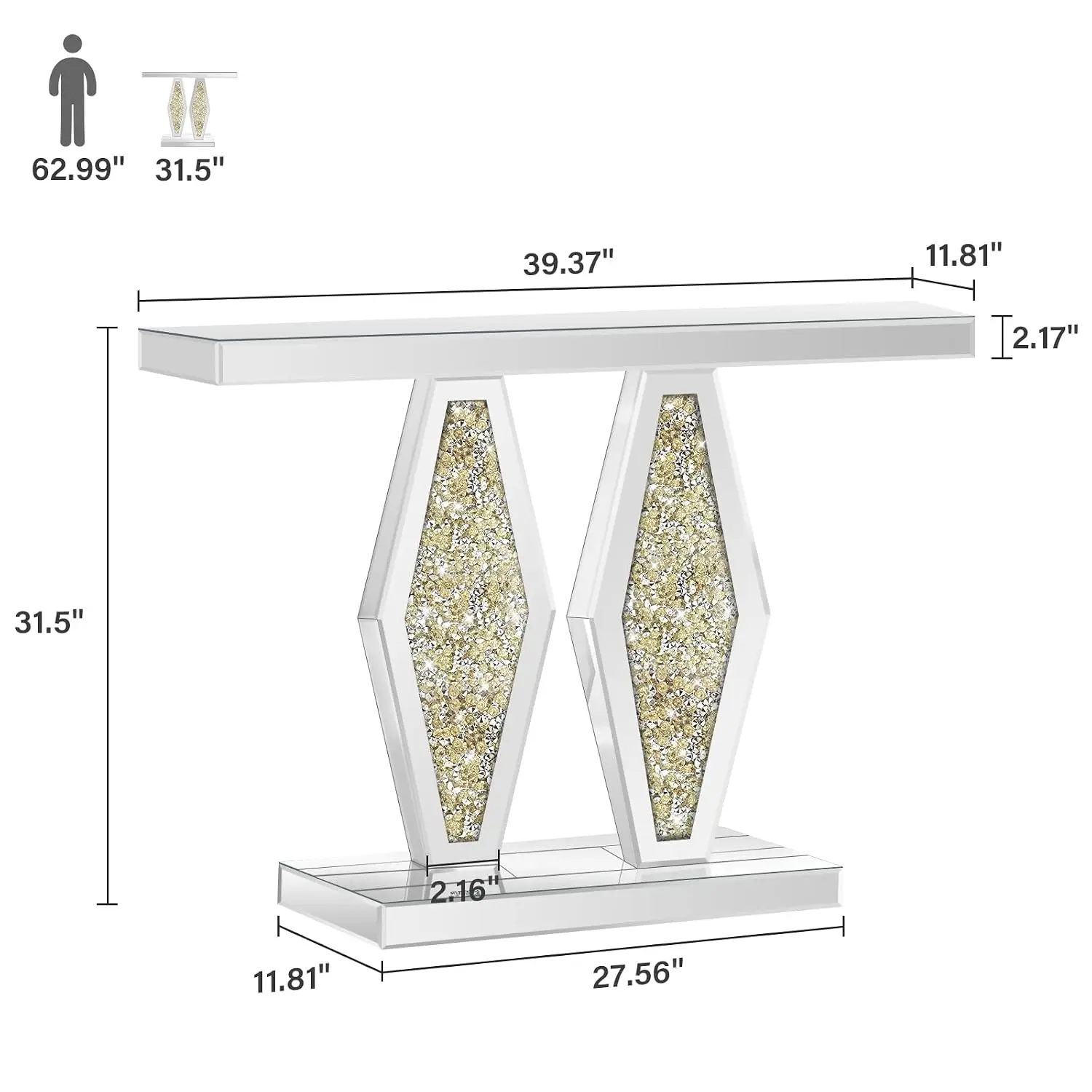 Mirrored Console Table with Gold Crushed Diamond Inlay, 39.37