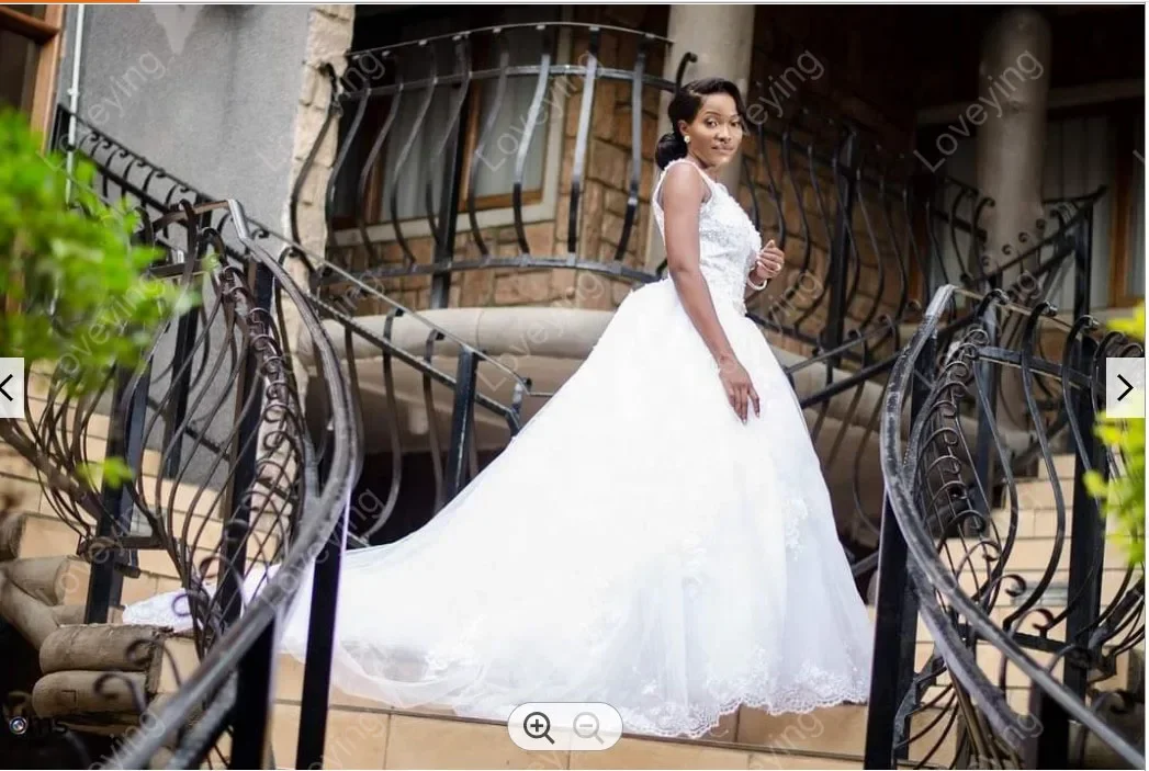 Customized Morden Sleevless Lace Appliques Ballgown Wedding Dresses Sweep Train Robe Mariage Black Woman Bridal Gowns
