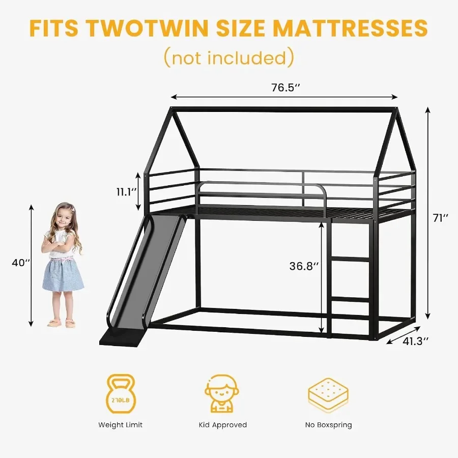 Twin Over Twin Bunk Bed with Slide for Room, Metal Frame in White, Space-Saving Design with Full-Length Guardrail and Integrate
