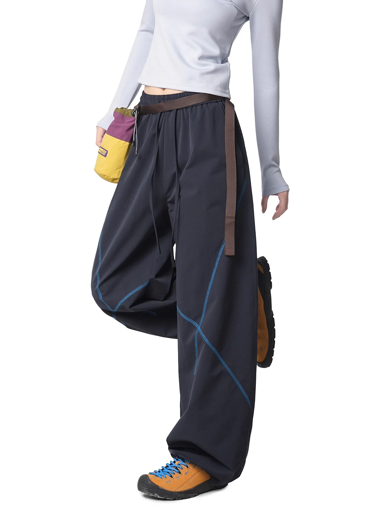 Neue Damen-Hose mit Kordelzug, weitem Bein, Kontrastnähten, Kreuzlinien, lässige, lockere Baggy-Hose, elastischem Bund, Streetwear, Parachu – Detail 5